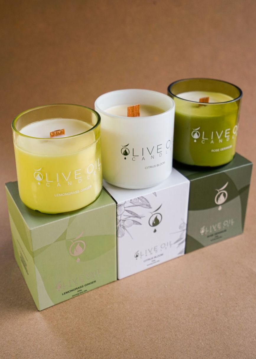 OOSC Gift Series, Candles Olive Oil, Individual Trio Set: Rose Geranium, Citrus Bloom and Lemongrass and Ginger