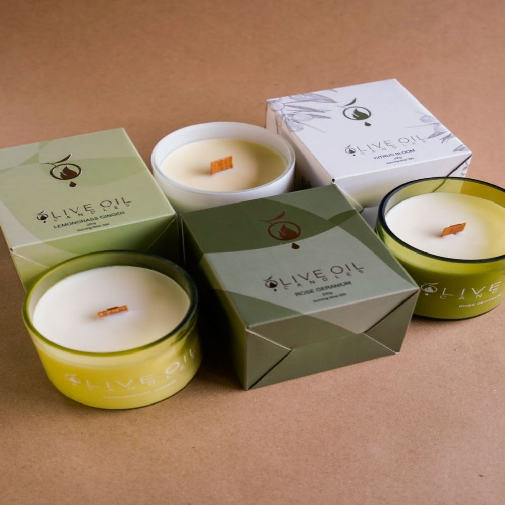 Oliveoil Candles, Individual Trio Set: Rose Geranium, Citrus Bloom and Lemon Grass and Ginger